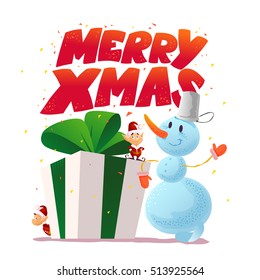 Vector christmas illustration with snowman and santa elf funny character portrait isolated. Cartoon style. Happy New Year and Merry Xmas design element. Congratulation card.