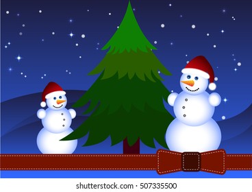 
Vector Christmas illustration with snowman and Christmas tree