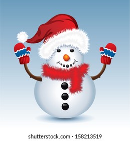 vector christmas illustration of snowman wearing santa hat and gloves