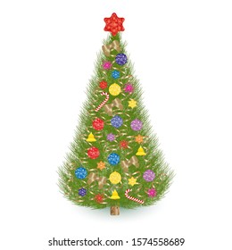 Vector Christmas illustration with a sparkling beautiful Christmas tree decorated with toys: balls, stars, bells, serpentine.
