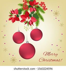Vector Christmas illustration with spruce branch, beautiful balls and greeting lettering. Template for greeting card, invitation card, web design.