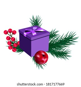 Vector Christmas illustration with spruce branch, gifts and berry on a white isolated background.Template for greeting card, invitation card, web design.