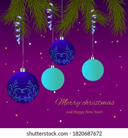 Vector Christmas illustration with spruce branch, beautiful balls and greeting lettering. Template for greeting card, invitation card, web design.