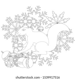 Vector, Christmas illustration with a squirrel in a hat, covered with ornaments, with Christmas toys, on a background of snowflakes. Zenart. Anti-stress coloring.
