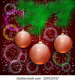 Vector christmas illustration with tree branch and red balls on bokeh red background