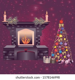Vector, Christmas illustration with a Christmas tree decorated with toys: standing by a fireplace in which a fire burns with fir branches and burning candles with influxes of wax.