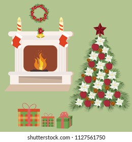 Vector Christmas illustration with a Christmas tree near the fireplace and gifts. Template for postcard, poster, web design.