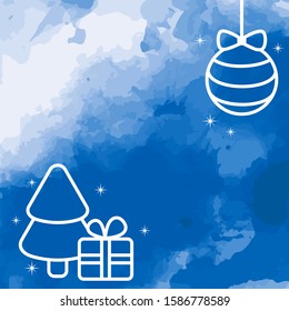 Vector christmas illustration. Christmas tree with presents and ball lines on watercolor blue background