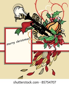 vector christmas illustration of a trumpet , turkey and colorful christmas decoration