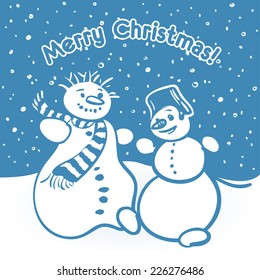 Vector Christmas illustration with two dancing snowmen