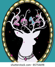 vector christmas illustration with a  vintage deer in a rich frame
