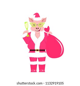 Vector christmas illustration of a vivid cheerful winking pig santa in glasses with champagne. Isolated on the white background.