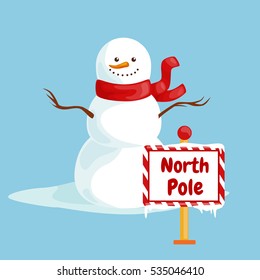 Vector Christmas illustration white snowman with a North Pole sign 