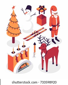 Vector Christmas illustration, winter icon set, isometric collection of New Year, white background. Tree, snowman, gift, Santa Claus, fireplace, rocket, deer
