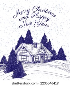 Vector christmas illustration. Winter landscape. Snow-covered house in the forest in the style of engraving
