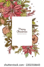 Ilustración de navidad vectorial con plantas de invierno: ramas de abeto, holly, poinsettia eucalipto, hojas, bayas de estilo gráfico. Ramo de navidad de mano para invitación, tarjeta, afiche, diseño