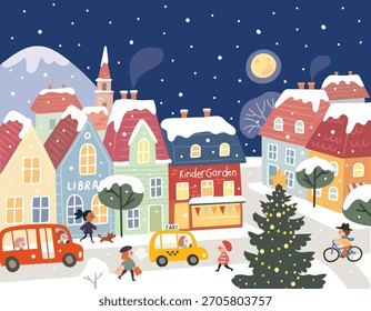 Vector Christmas illustration with a winter town, people, a New Year tree, and snow-covered rooftops. A Christmas mood and New Year vibe. Winter background with a snowy city.