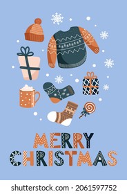 Vector Christmas Illustration Of Winter Warm Clothes. Hats, Socks, Ugly Christmas Sweater, Jumper. Mug With Cocoa. In Earthy Blue Shades. For Stickers, Posters, Postcards, Design Elements