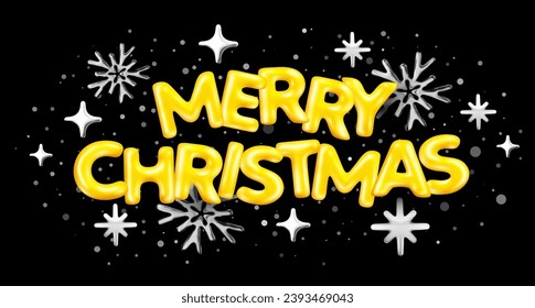 Vector christmas illustration of word merry christmas on black color background with beautiful snowflake. 3d style winter holiday design of decorative letter for greeting card, web, site, banner