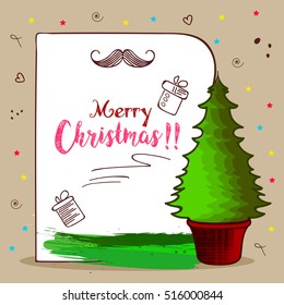 Vector Christmas illustration of xmas tree , with handwritten text merry christmas on white background with gifts and xmas tree. Flat style design for website, banner, poster, print, greeting card 