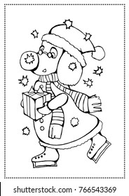 Vector Christmas illustration zentangl dog in a scarf and hat. Doodle drawing. Coloring book anti stress for adults. Meditative exercises. Black and white.