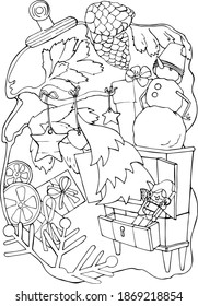 vector Christmas illustration,cabinet with drawer and nutcracker,Christmas tree,snowflake and snowman,coloring book