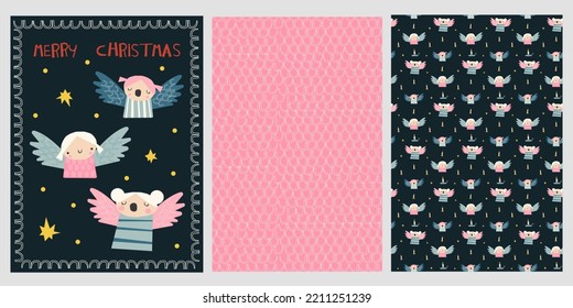 vector christmas illustrations with angels, santa, gingerbread. collection of prints and new year patterns 