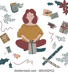 Ilustraciones de navidad vectorial. Niña preparándose para navidades y regalos de envoltura
