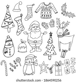 Vector Christmas illustrations. Separate elements isolated on white background. Hand drawn design elements for cards, wrapping paper patterns, social media posts, signs, products, packaging etc.