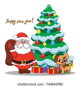 Vector Christmas image of Santa and the dog near the Christmas tree.