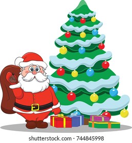 Vector Christmas image of Santa near the Christmas tree.