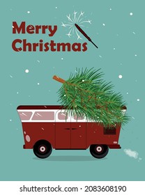 Vector christmas image. Christmas tree in the car. Merry Christmas. A red car carries a Christmas tree in the snow.