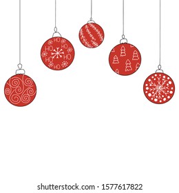 Vector Christmas invitation card from five red Christmas ball toys. Hand drawing Christmas tree ball toys. Christmas, new year white background. Doodle style. Balls hanging from above. EPS 10