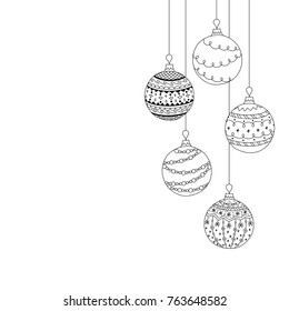 Vector Christmas invitation card from five Christmas ball toys. Hand drawing Christmas tree ball toys. Christmas, new year coloring page book