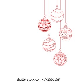 Vector Christmas invitation card from five red Christmas ball toys. Hand drawing Christmas ball