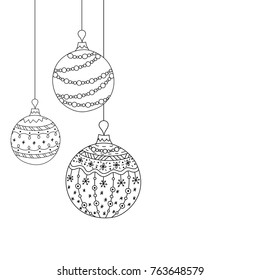 Vector Christmas invitation card from three Christmas ball toys. Hand drawing Christmas tree ball toys. Christmas, new year coloring page book