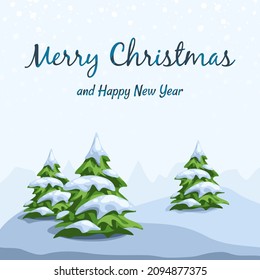 Vector Christmas or invitation card with winter landscape with fir trees.