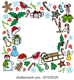 Vector Christmas invitation or greeting card. Vector square frame made of hand drawn Christmas design elements.