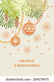 Vector christmas invitation and greeting card with branches of christmas tree, cones, snowflakes and christmas ball. Simple winter holiday illustration for print, web