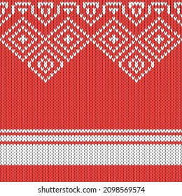 Impresión de vectores de Navidad. Borde de punto rojo escandinavo. Lana Pullover. Marco Feo Suave. Ornamento de Holiday Square. Crochet festivo.