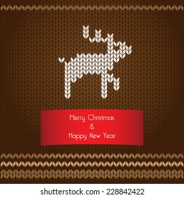 Vector Christmas knitted card with deer and text.