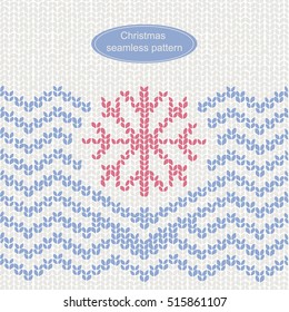 Vector Christmas knitted embroidery seamless pattern with chevron and snowflake. blue, pink colors.