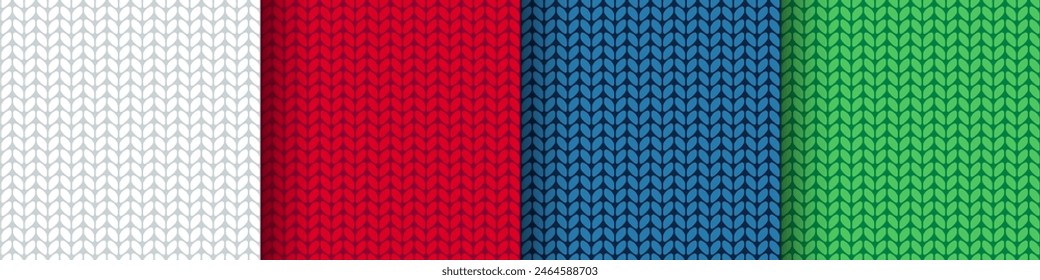 Conjunto de patrones sin costuras de punto de Navidades de Vector. Textura de punto rojo, blanco, azul y verde. Textura de tela de lana de punto para el fondo, papel de envoltura, diseño textil, decoración