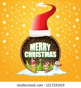 vector Christmas label with red santa hat, tree , snow, cartoon snowman , kids elves and greeting text on wooden round sign background. vector red merry christmas card or banner