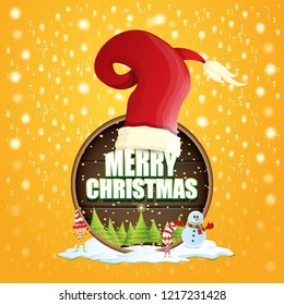 vector Christmas label with red santa hat, tree , snow, cartoon snowman , kids elves and greeting text on wooden round sign background. vector red merry christmas card or banner
