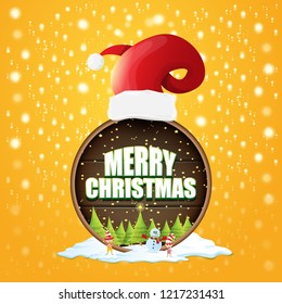 vector Christmas label with red santa hat, tree , snow, cartoon snowman , kids elves and greeting text on wooden round sign background. vector red merry christmas card or banner