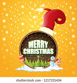 vector Christmas label with red santa hat, tree , snow, cartoon snowman , kids elves and greeting text on wooden round sign background. vector red merry christmas card or banner