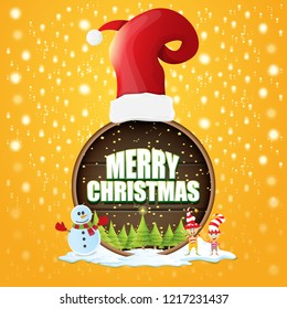 vector Christmas label with red santa hat, tree , snow, cartoon snowman , kids elves and greeting text on wooden round sign background. vector red merry christmas card or banner