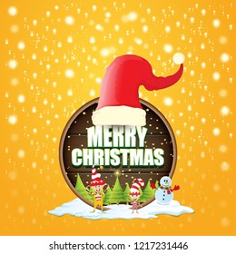 vector Christmas label with red santa hat, tree , snow, cartoon snowman , kids elves and greeting text on wooden round sign background. vector red merry christmas card or banner