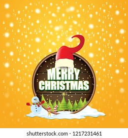 vector Christmas label with red santa hat, tree , snow, cartoon snowman , kids elves and greeting text on wooden round sign background. vector red merry christmas card or banner